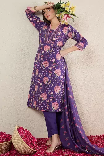 Women Floral Printed Cotton Kurta with Trousers & Dupatta