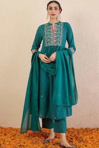 floral embroidered thread work  cotton kurta with trousers & dupatta