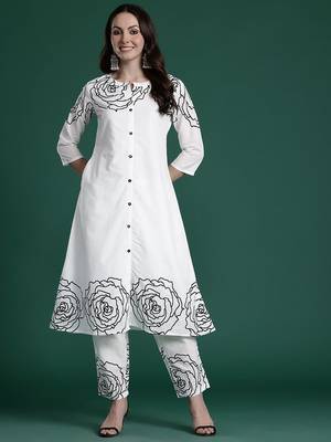 Floral Printed Mirror Work Pure Cotton Kurta with Trousers 1