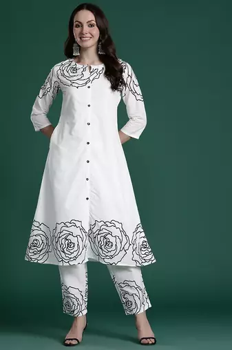 Floral Printed Mirror Work Pure Cotton Kurta with Trousers