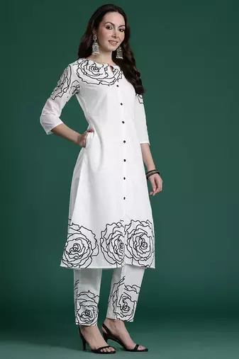 Floral Printed Mirror Work Pure Cotton Kurta with Trousers