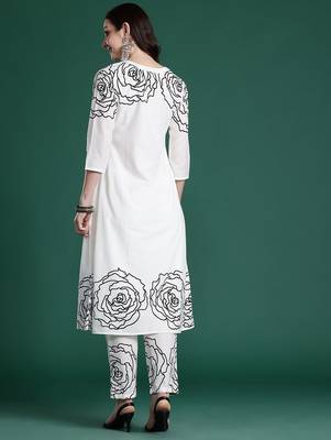 Floral Printed Mirror Work Pure Cotton Kurta with Trousers 5