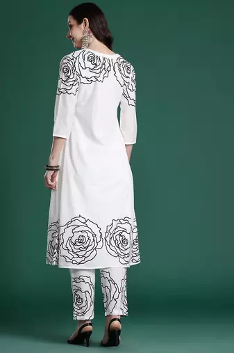 Floral Printed Mirror Work Pure Cotton Kurta with Trousers