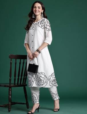 Floral Printed Mirror Work Pure Cotton Kurta with Trousers 6