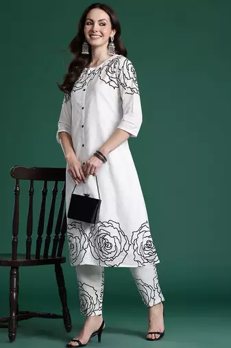 Floral Printed Mirror Work Pure Cotton Kurta with Trousers