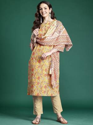 Floral Printed Pure Cotton Kurta with Trousers & With Dupatta 5