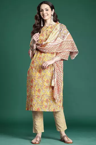 Floral Printed Pure Cotton Kurta with Trousers & With Dupatta