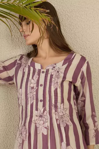 Floral Screen Printed Notch Neck A-Line Pure Cotton Kurta With Trousers