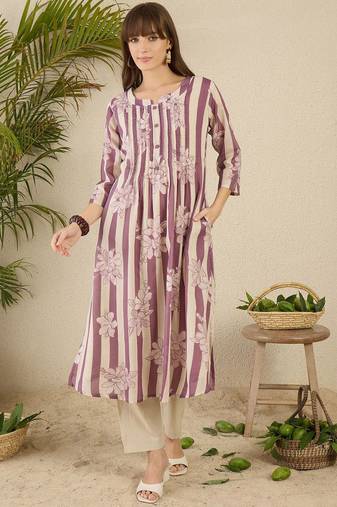 floral screen printed notch neck a-line  cotton kurta with trousers