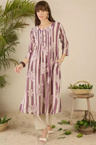 Floral Screen Printed Notch Neck A-Line Pure Cotton Kurta With Trousers