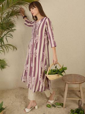 Floral Screen Printed Notch Neck A-Line Pure Cotton Kurta With Trousers 4