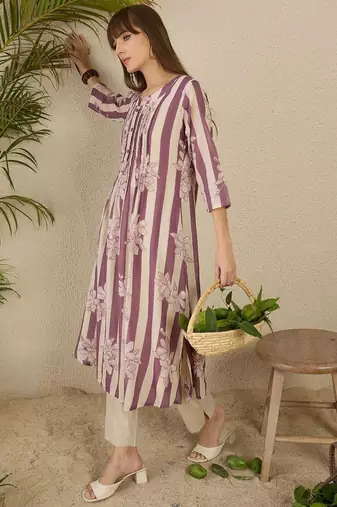 Floral Screen Printed Notch Neck A-Line Pure Cotton Kurta With Trousers