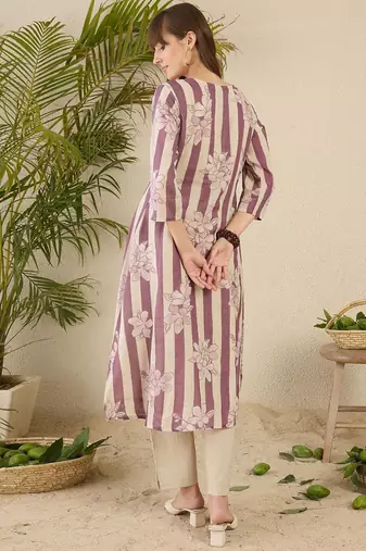 Floral Screen Printed Notch Neck A-Line Pure Cotton Kurta With Trousers
