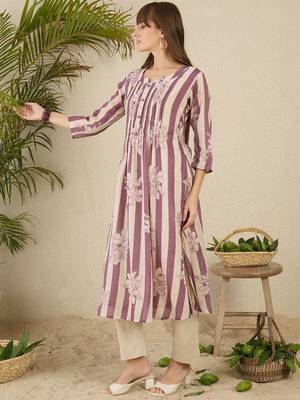 Floral Screen Printed Notch Neck A-Line Pure Cotton Kurta With Trousers 6