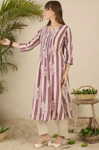 Floral Screen Printed Notch Neck A-Line Pure Cotton Kurta With Trousers
