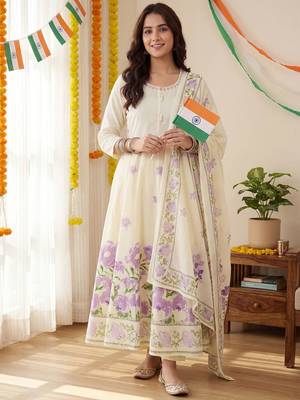 Floral Printed Beads & Stones Pure Cotton Kurta With Trousers & Dupatta 1