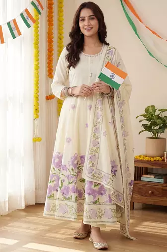 Floral Printed Beads & Stones Pure Cotton Kurta With Trousers & Dupatta