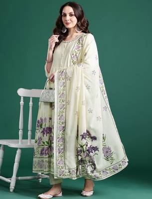 Floral Printed Beads & Stones Pure Cotton Kurta With Trousers & Dupatta 2