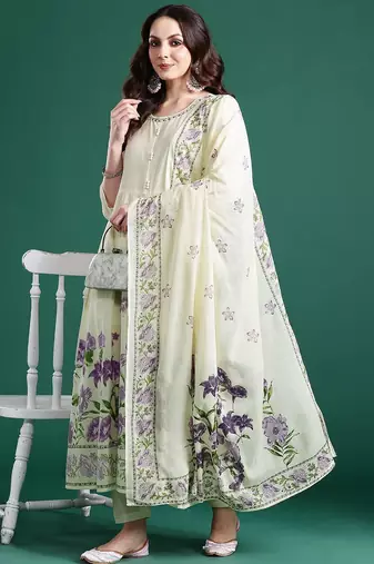 Floral Printed Beads & Stones Pure Cotton Kurta With Trousers & Dupatta
