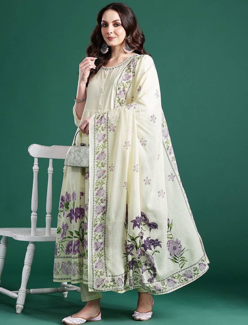 Floral Printed Beads & Stones Pure Cotton Kurta With Trousers & Dupatta