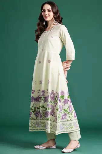 Floral Printed Beads & Stones Pure Cotton Kurta With Trousers & Dupatta