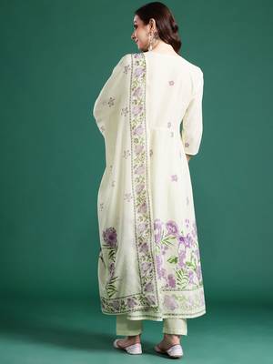 Floral Printed Beads & Stones Pure Cotton Kurta With Trousers & Dupatta 6