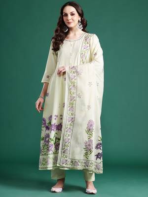 Floral Printed Beads & Stones Pure Cotton Kurta With Trousers & Dupatta 7
