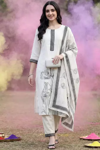 Floral Printed Linen Kurta with Trousers & Dupatta