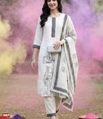 Floral Printed Linen Kurta with Trousers & Dupatta
