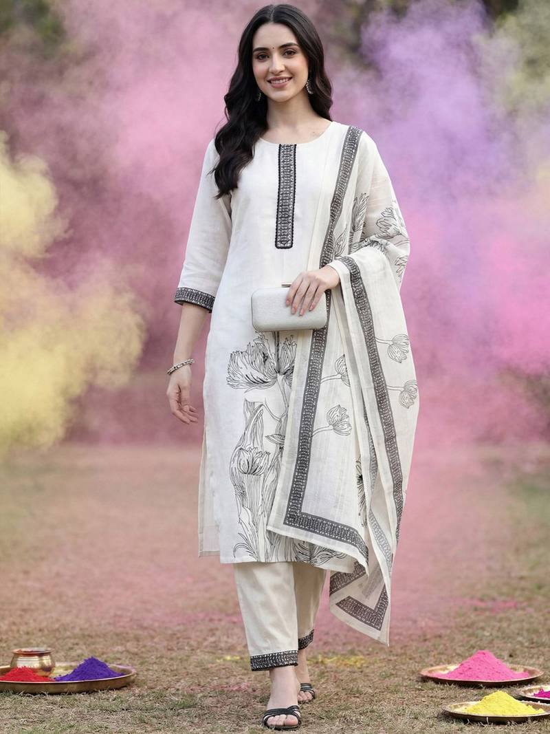 Floral Printed Linen Kurta with Trousers & Dupatta
