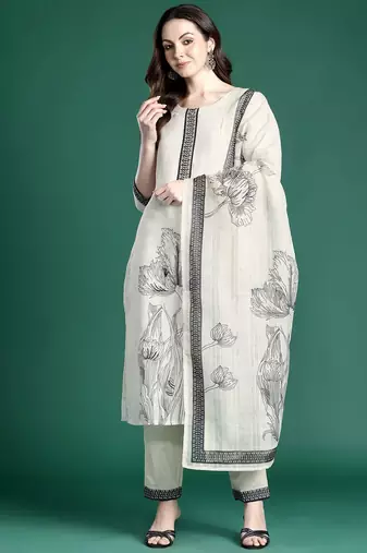 Floral Printed Linen Kurta with Trousers & Dupatta