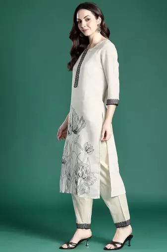Floral Printed Linen Kurta with Trousers & Dupatta
