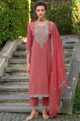 Ethnic Motifs Yoke Design Straight Kurta with Trousers & Dupatta