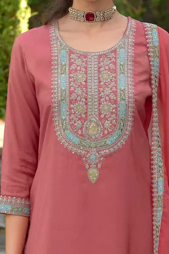 Ethnic Motifs Yoke Design Straight Kurta with Trousers & Dupatta