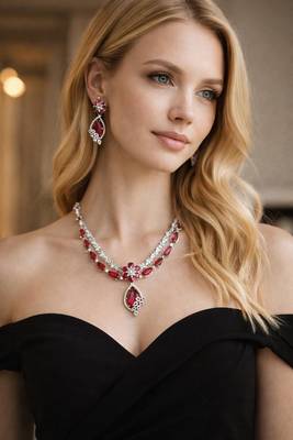 Ruby Red Crystal Teardrop Necklace and Earrings Set: Silver Plated Bridal Jewelry 1