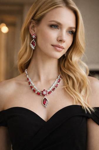 Ruby Red Crystal Teardrop Necklace and Earrings Set: Silver Plated Bridal Jewelry