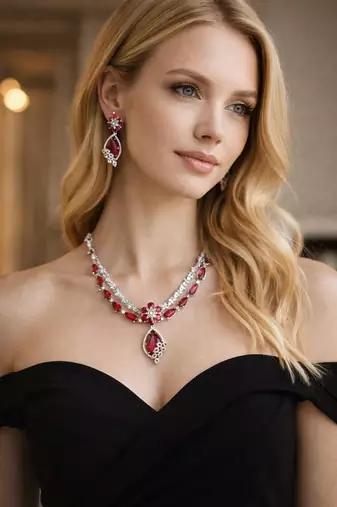 Ruby Red Crystal Teardrop Necklace and Earrings Set: Silver Plated Bridal Jewelry