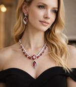Ruby Red Crystal Teardrop Necklace and Earrings Set: Silver Plated Bridal Jewelry