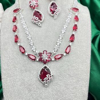 Ruby Red Crystal Teardrop Necklace and Earrings Set: Silver Plated Bridal Jewelry 2