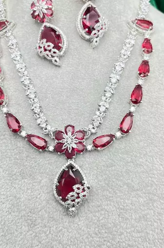 Ruby Red Crystal Teardrop Necklace and Earrings Set: Silver Plated Bridal Jewelry