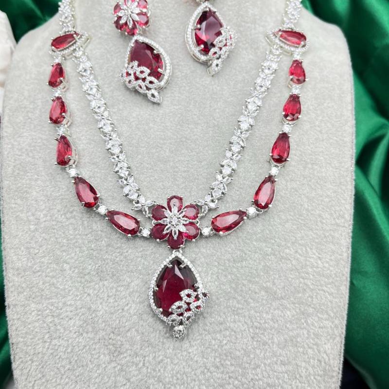 Ruby Red Crystal Teardrop Necklace and Earrings Set: Silver Plated Bridal Jewelry