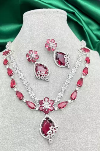 Ruby Red Crystal Teardrop Necklace and Earrings Set: Silver Plated Bridal Jewelry