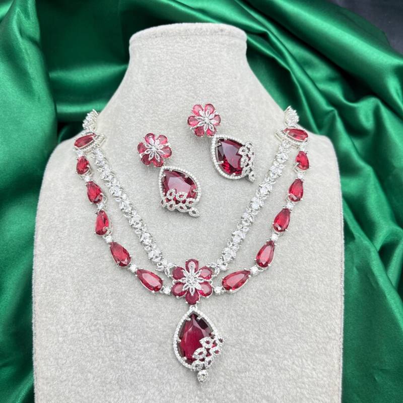 Ruby Red Crystal Teardrop Necklace and Earrings Set: Silver Plated Bridal Jewelry