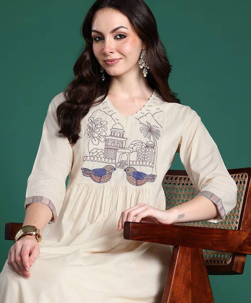 Embroidered Panelled Thread Work Kurta with Trousers