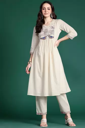 Embroidered Panelled Thread Work Kurta with Trousers