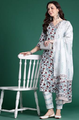 floral printed  cotton kurta with trousers & dupatta