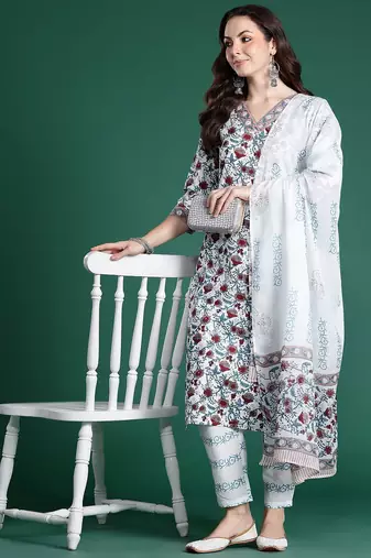 Floral Printed Pure Cotton Kurta With Trousers & Dupatta