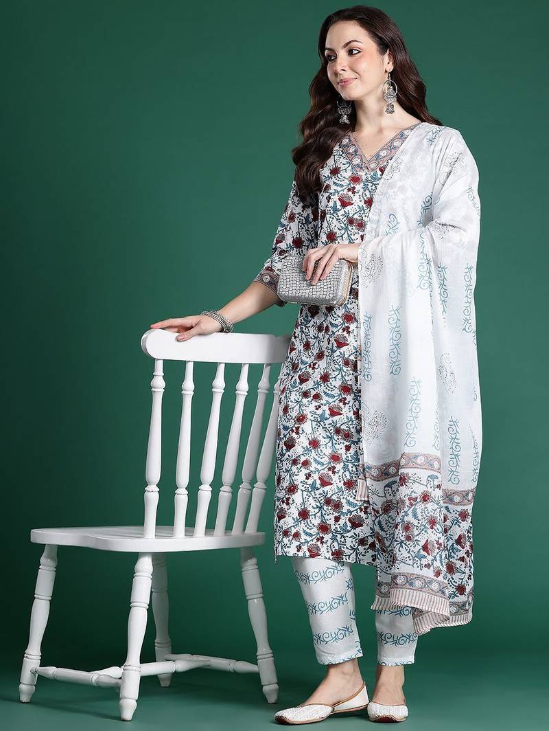 Floral Printed Pure Cotton Kurta With Trousers & Dupatta