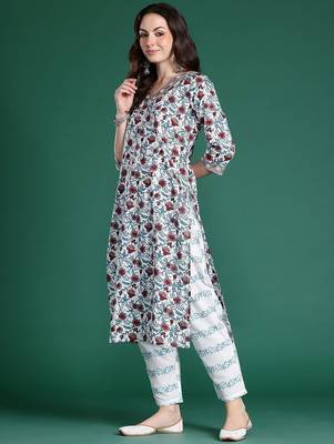 Floral Printed Pure Cotton Kurta With Trousers & Dupatta 5