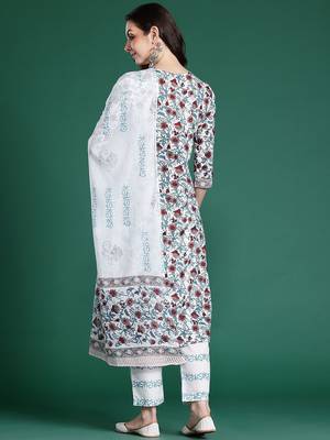 Floral Printed Pure Cotton Kurta With Trousers & Dupatta 6